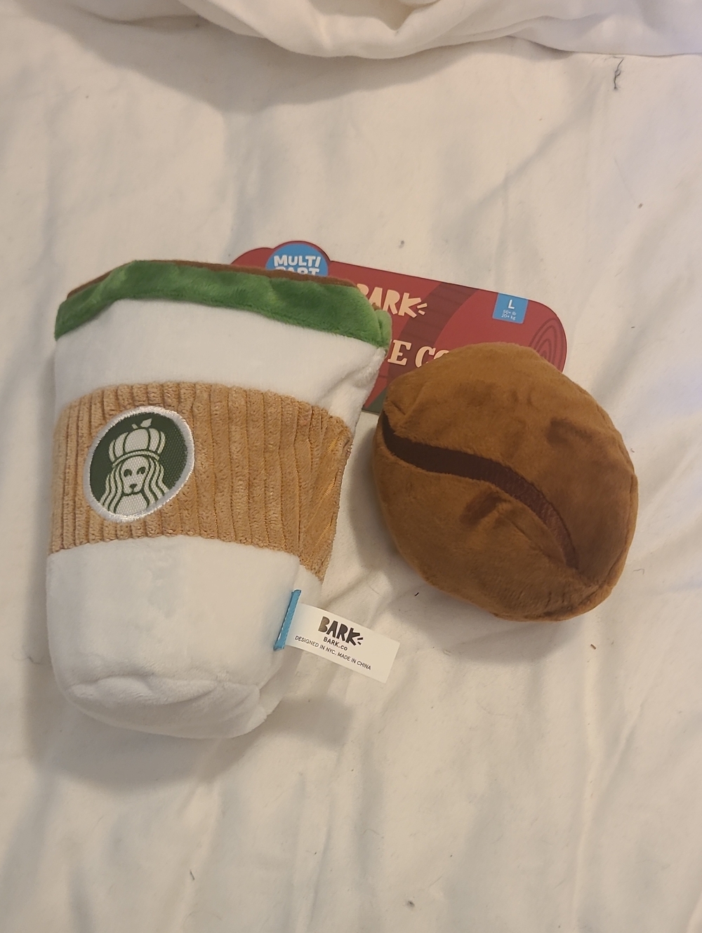 Bark Plush Coffee Cup & Donut Toy Set - White, Green, Brown